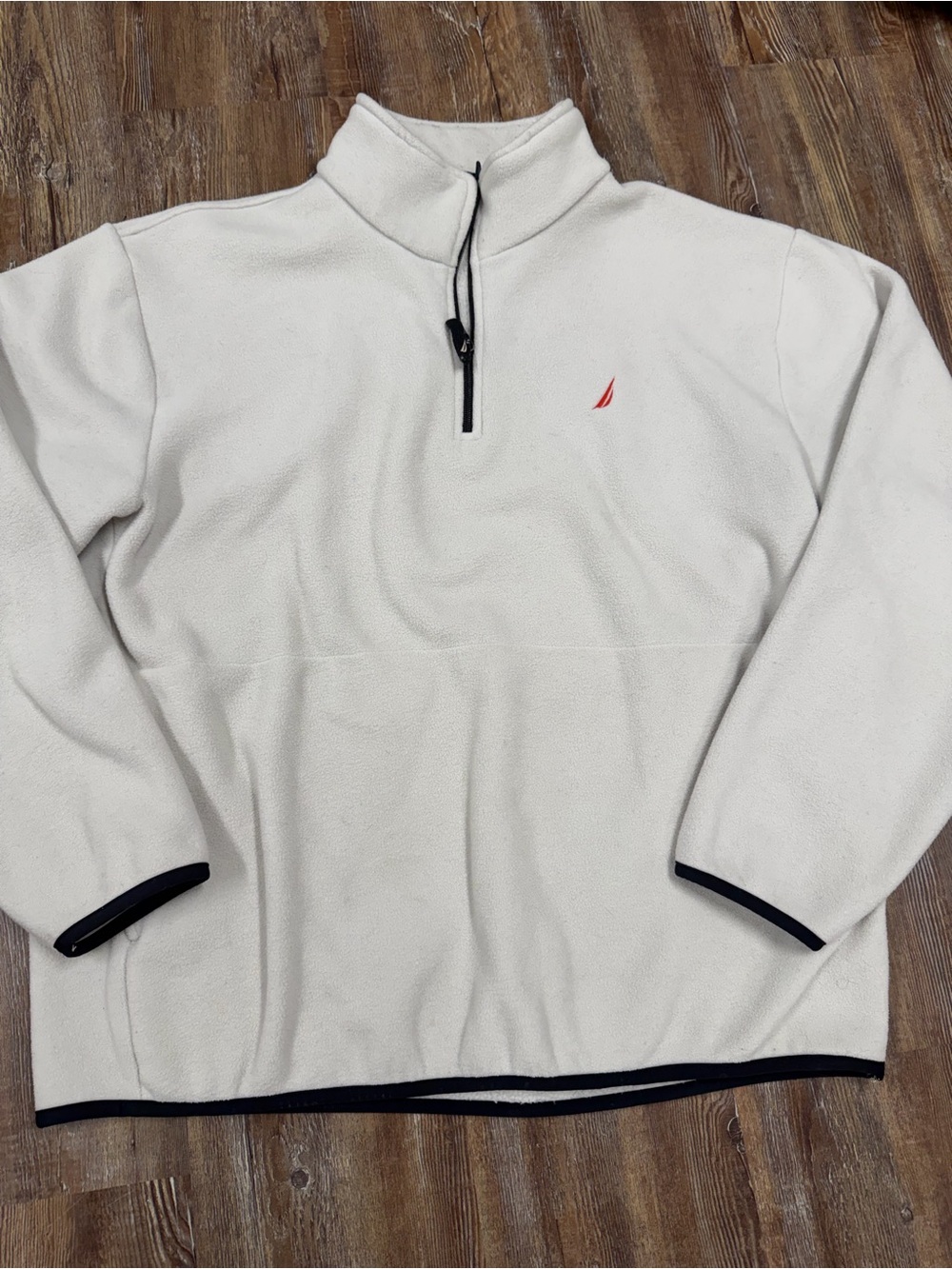 Nautica white fleece quarter zip sweatshirt with black trim, size L